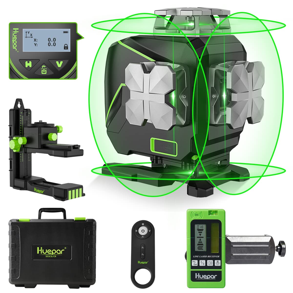 

Huepar Green Laser 4 Full LCD Light Sky Пульт дистанционного управления 3 источника питания Маркер, линии, 4x360° [приемник включен] Дисплей, крепление, в комплекте, S04-5RG
