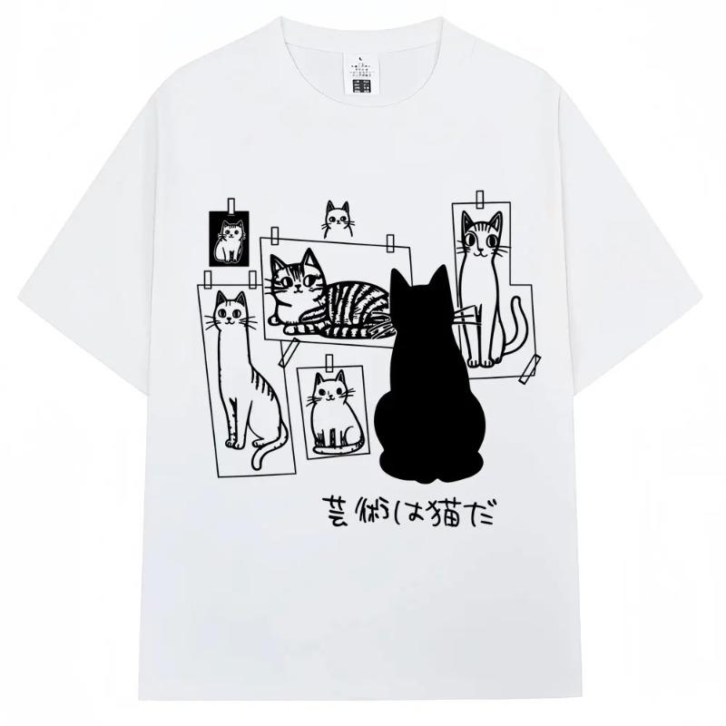 Japanese Funny Black Cat Anime Print T Shirt Men Women Fashion Vintage Harajuku T-shirts Oversized Cotton Casual T Shirts