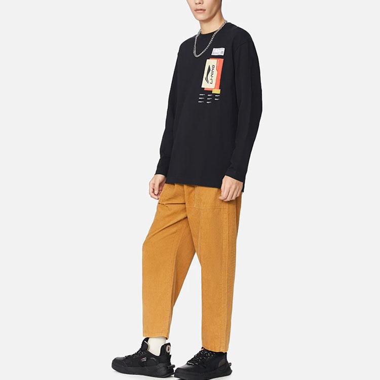 Li Ning Sports Basketball Series Logo Print Loose Long Sleeve T-Shirt Men Tops Black AHSR917-2