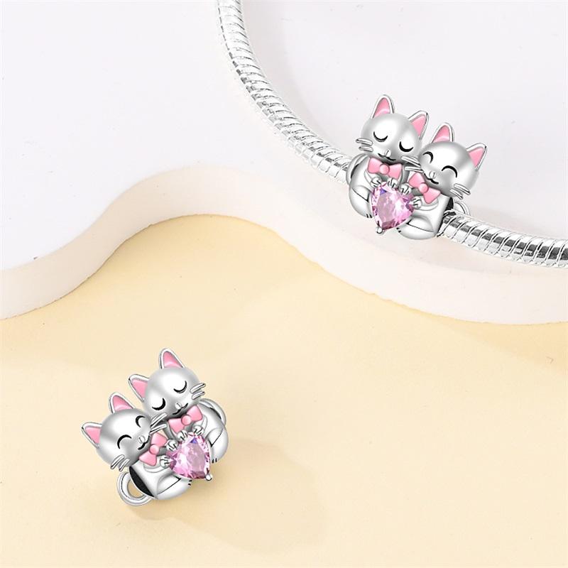 925 Silver Color Pink Rabbit Sheep Cat Dog Animal Charms Beads Fit 3mm 925 Bracelets Fine DIY Birthday Jewelry Make