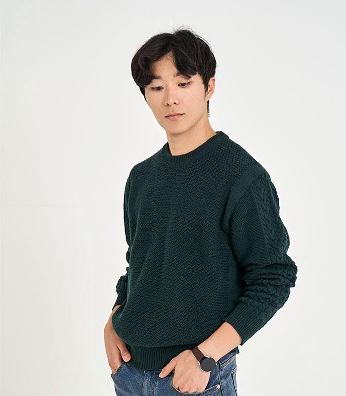 BLACKBROWN Texture Mix Cable Crew Neck Sweater [Deep Green]