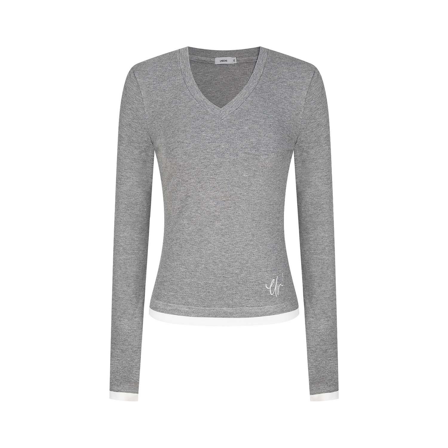 

UNBDNS Women s Autumn V-Neck Fake Two-Piece Long Sleeve Slim Top сірий колір