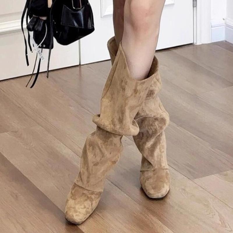 

Модные высокие сапоги для женщин Высокие каблуки Квадратный носок Замша До колена Дизайнерская обувь 2025 Модные зимние туфли На толстой подошве Челси Ботас Мухер 40 хаки