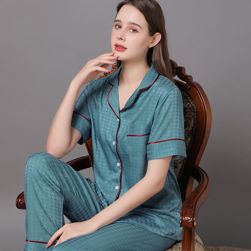 2022 Summer Ice Silk Couple Pajamas Set - Short Sleeve & Long Pants for Men & Women