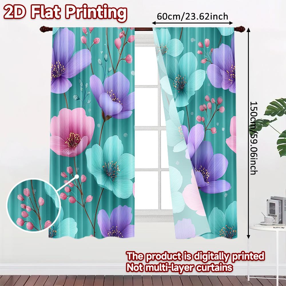 2D FLAT PRINTING 2pcs Curtains (Without Rod) Floral Pattern On Teal Background Holiday April Fools Is Day Printed Curtains