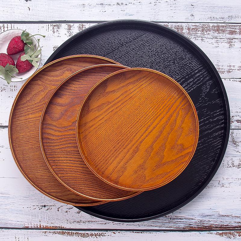 Round Wooden Pallet, Multifunctional Storage Plate, Tea Tray,Food, Bread Pan, Household Kitchen Supplies, Black, Brown, 21-37cm