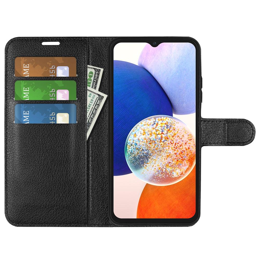 

PU Leather Phone Shell for Samsung Galaxy M14 5G Litchi Texture Wallet Cover Stand Phone Case Black