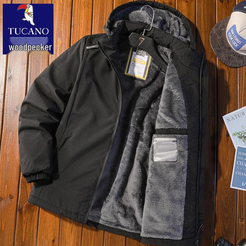 Woodpecker Men s Fleece-lined Hooded Winter Jacket - Thick, Warm, and Windproof. L