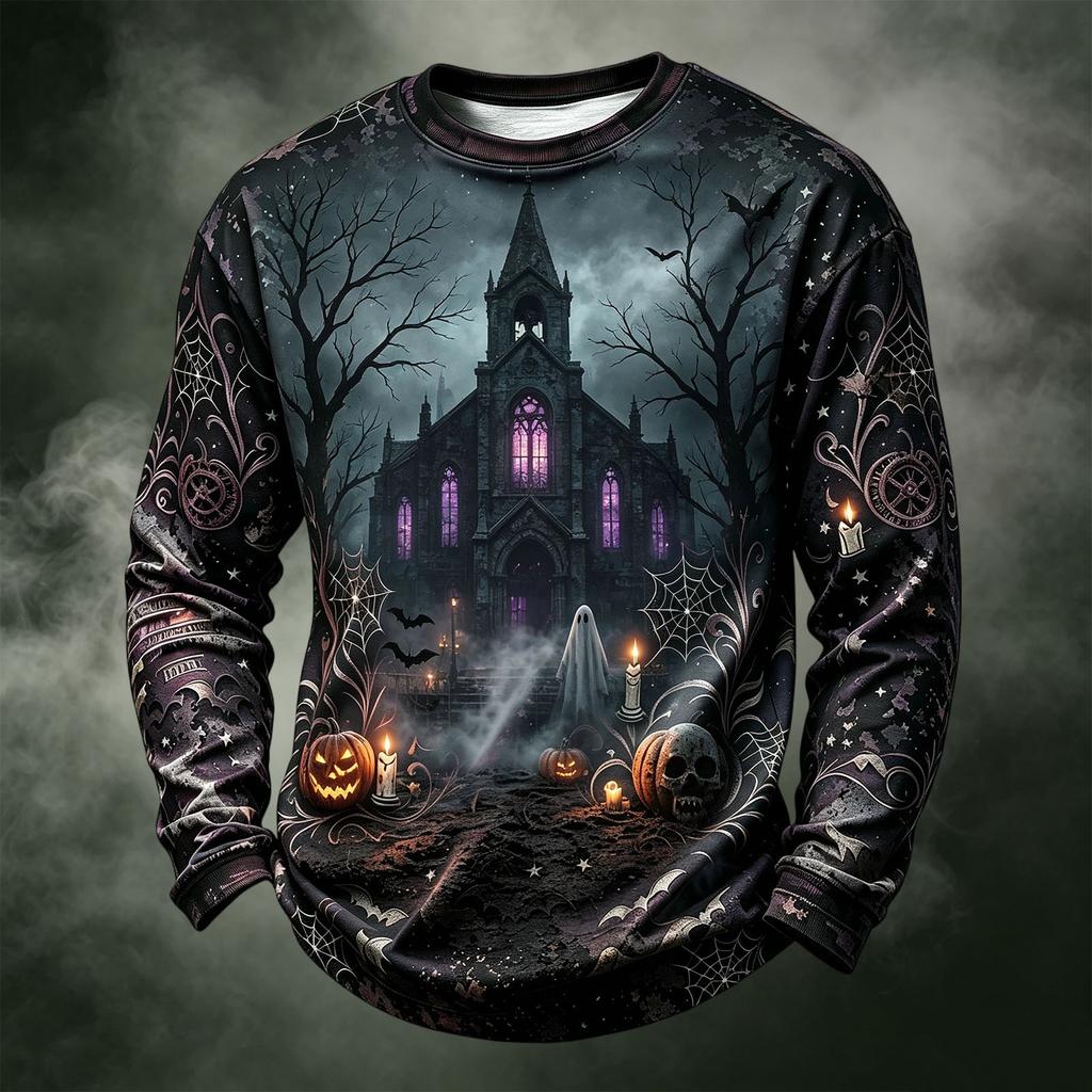 Men's Casual Long Sleeve Crewneck Halloween Print Top