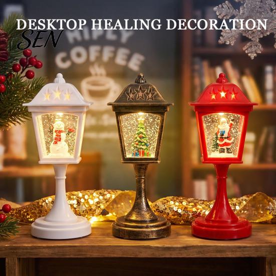 Christmas Table Decor Snow Sphere Lamp, Retro Street Lamp Design, Santa Home Interior Accents Snowman Tree Night Light for Bedroom, Tabletop