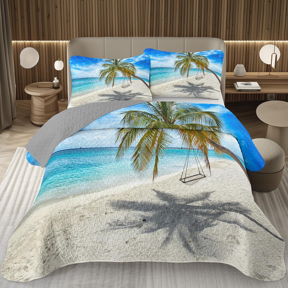 

Beach Bedspread Tropical Palm Tree Coverlet Set,Sea Ocean Quilt Set Twin King Size Seaside Landscape Coastal Theme Bedding Sets EU Single 135x200cm