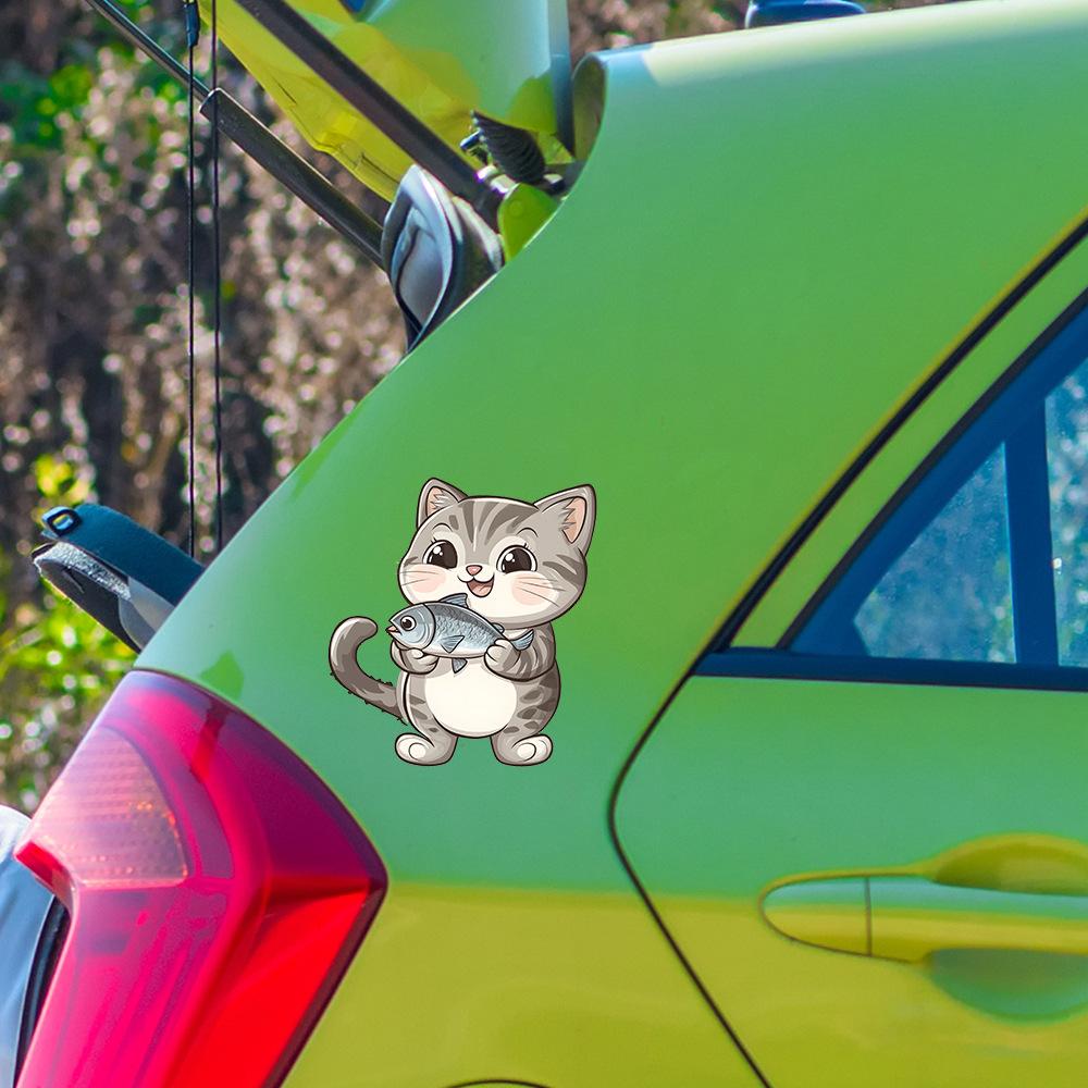 Cartoon Kitten Catching Fish Glass Car Beautification Decoration Stickers