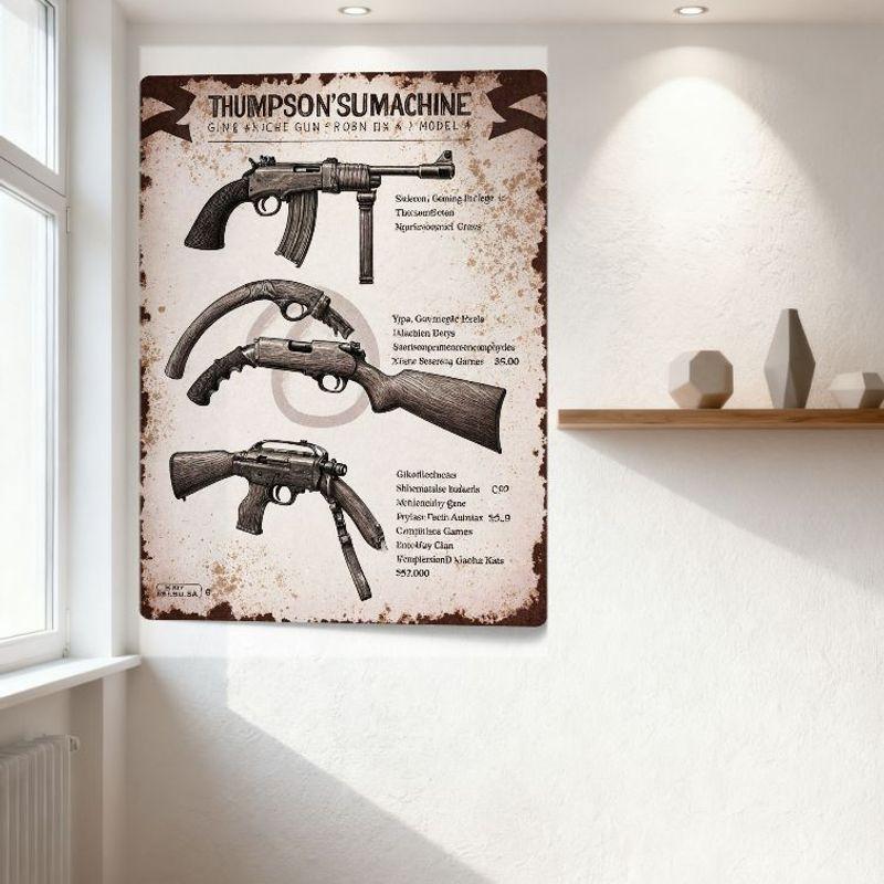 Vintage Thompson U Machine Gun Tin Sign - Tommy Gun Line Art Retro Metal Poster for Bar Pub Home Wall Decor 8x12 Inch