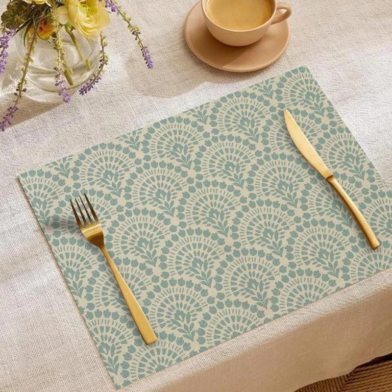 6PCS Set Luxury Table Mats Dining Table Elegant Leaf Fan Stripe Red Wave Polka Dot Pattern Placemats Golden Utensils Home Decor