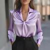 Women Shirt Lapel V-neck Knot Pleated Design Long Sleeve Pullover Tops Pure Color Smooth Satin Casual Tops Daily Wear