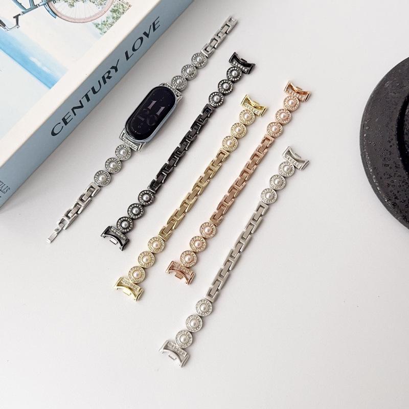 French Style Pearl Metal Chain Band for Apple Watch 11, iWatch 10987E, Huawei GT6, Xiaomi 9