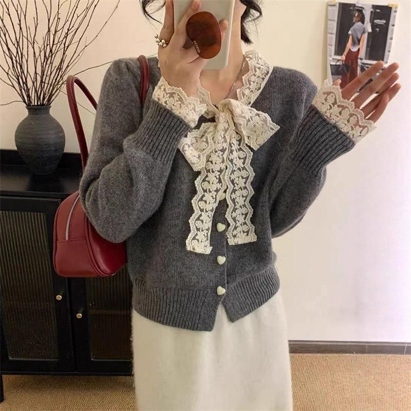 Autumn and winter new sweet knitted cardigan jacket top bow soft waxy lace premium sweater women s clothing one size fits all 5169₽