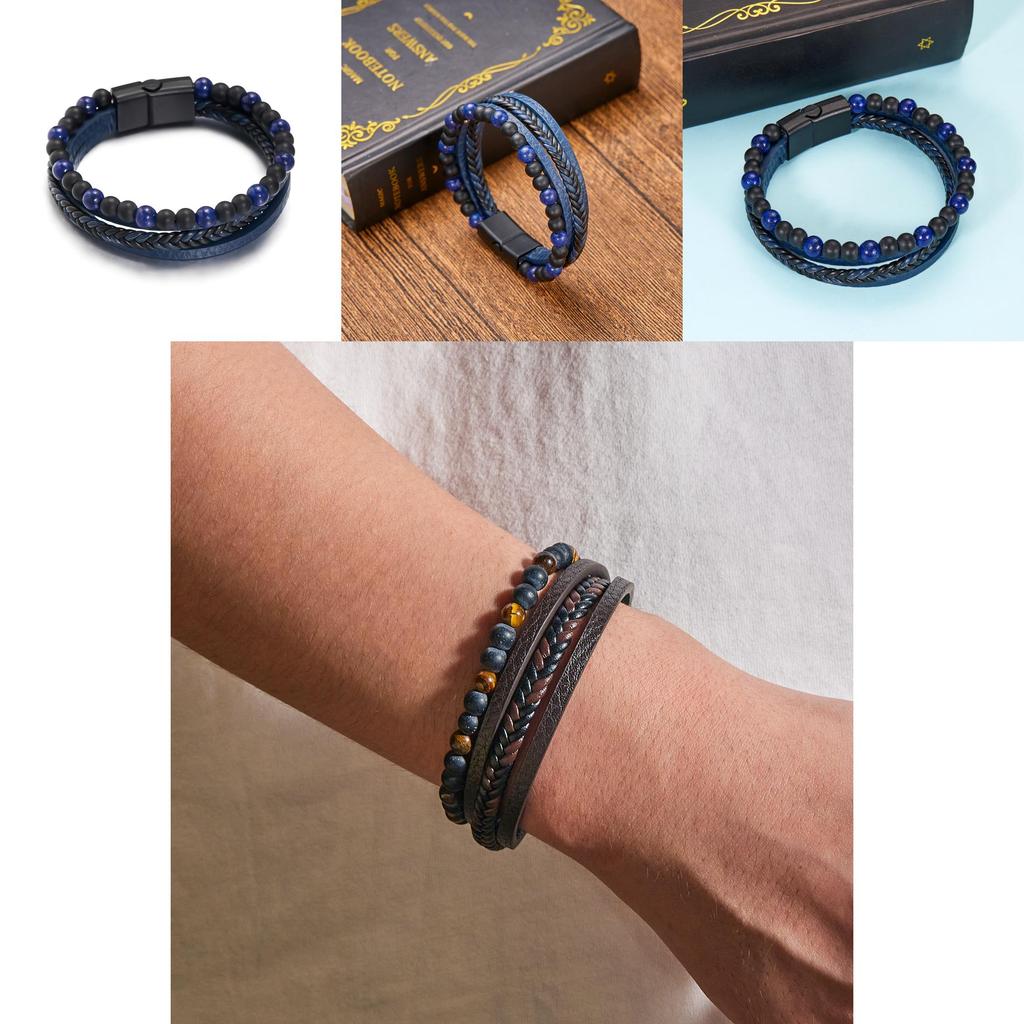 Geometric Style Mens Weaving Leather Wristband With Bead Design For Travel Gift