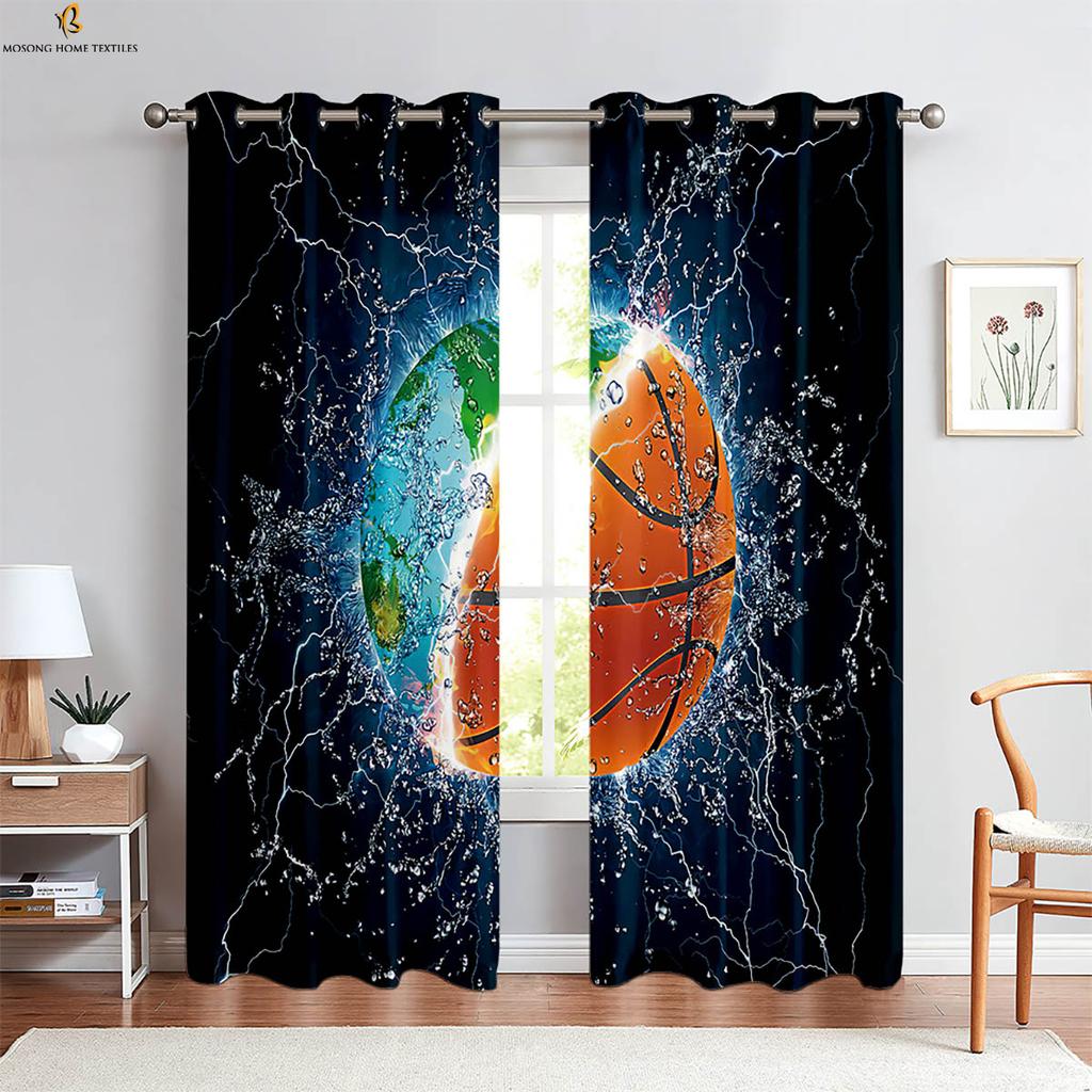 2-delade Flamma Basketboll 3D-tryckta Gardiner Polyesterfiber Maskintvättbara Sovrum Vardagsrum Kök Dekorativa Gardiner