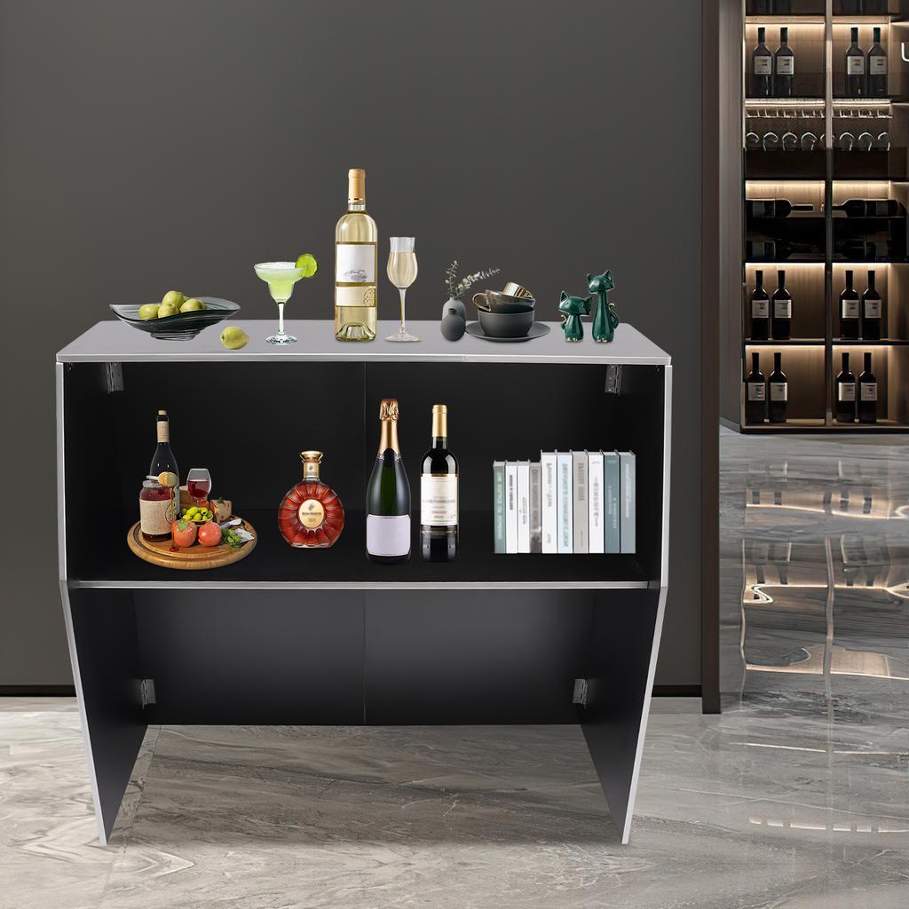 Portable Bar Cabinet, Folding Bar Table for Home Party, Outdoor Event, Wedding, Foldable Mini Bar Cart with Storage Shelf, Black