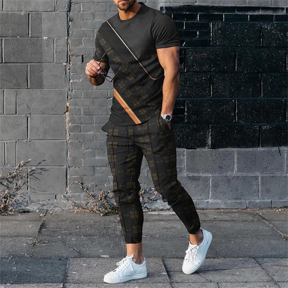Men's Trousers Tracksuit 2 Piece Set Fashion Casual Sportswear Summer Short Sleeve T Shirt Long Pants Clothing