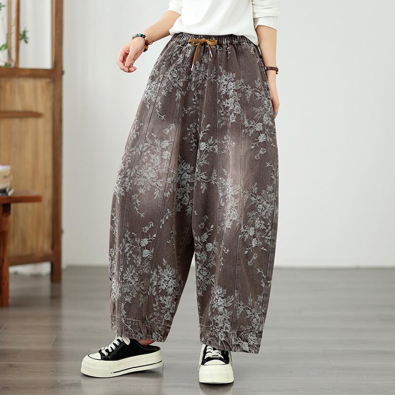 DIMANAF 2026 Autunno Inverno Nuovi Jeans da Donna Taglie Forti Vita Elastica Pantaloni Lunghi Stampa Floreale Larghi Casual Denim Cotone Pantaloni Spessi Vintage Donna