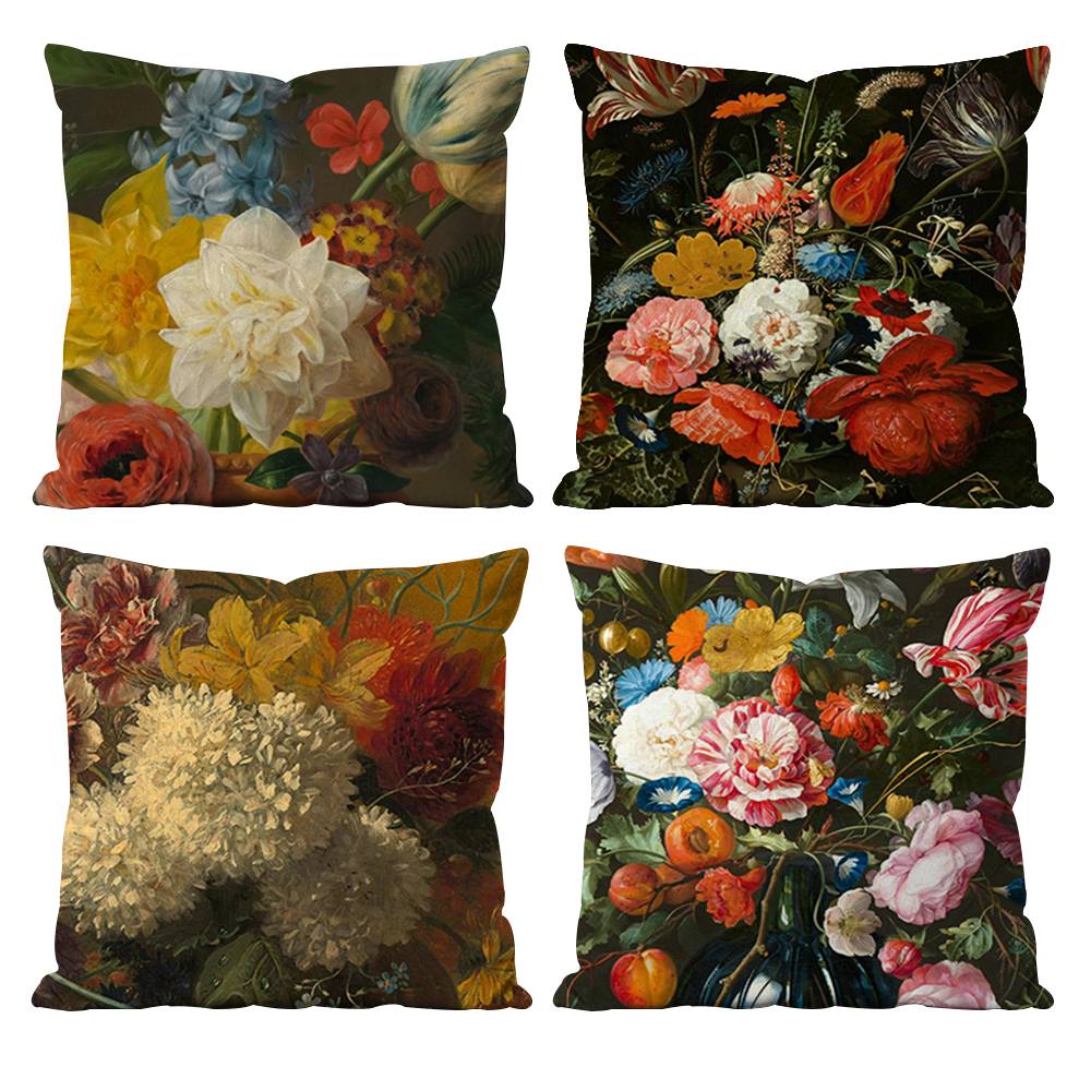 Beautiful Oil Painting Flowers Pillow Case Anti-dustmite Pillowcase Invisible zipper silky short plush Sofa cushion cover