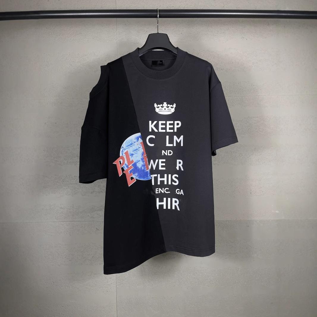 

2025 Summer Paris B Brand Off-Shoulder Logo Print Patchwork Tee, Unisex Large чёрный/синий