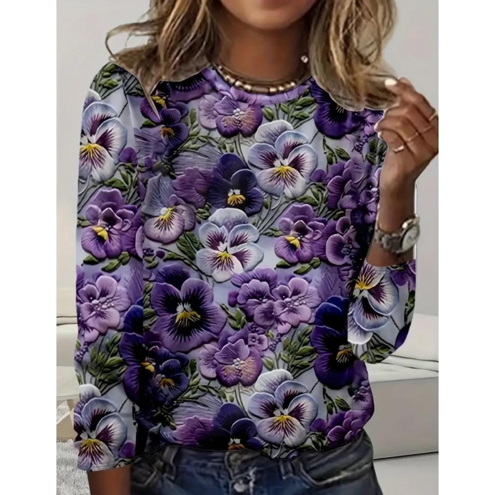 Women Long Sleeved Round Neck Pullover T-shirt Top with Elegant and Fashionable Floral Print Casual Style T-shirt for Women