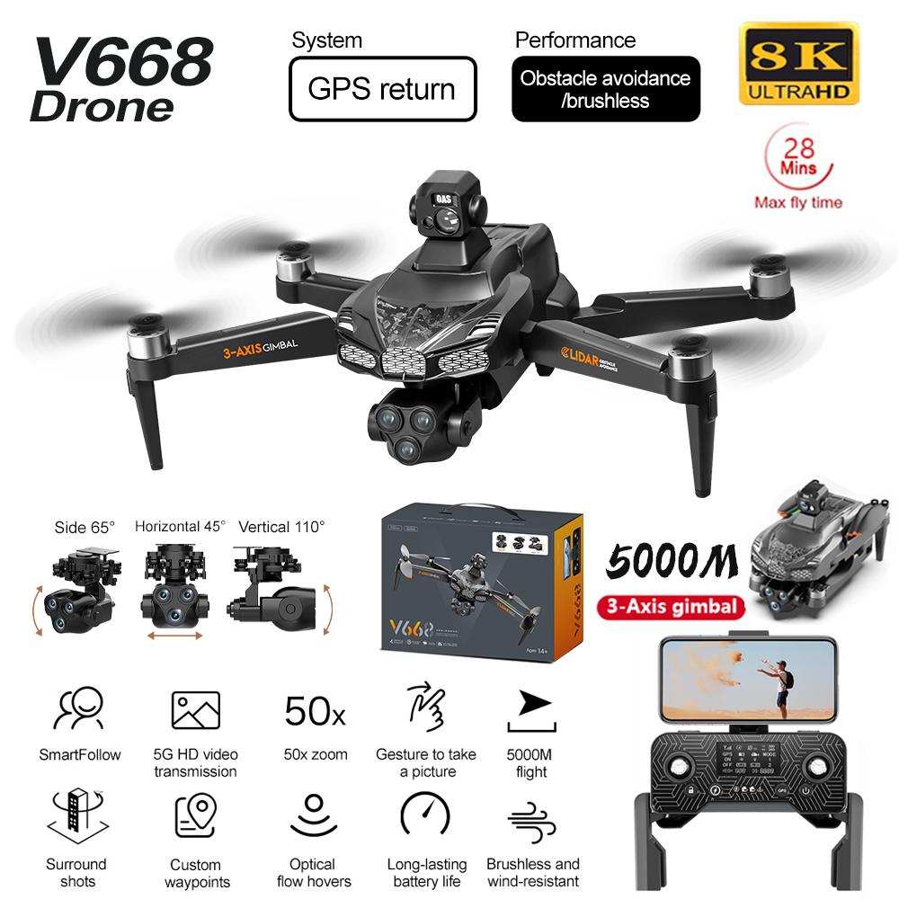 V668 GPS Drone 8K Professional 3-Axis PTZ HD Three Camera 5G WIFI FPV Dron Obstacle Avoidance Brushless Motor RC Quadcopter Toys