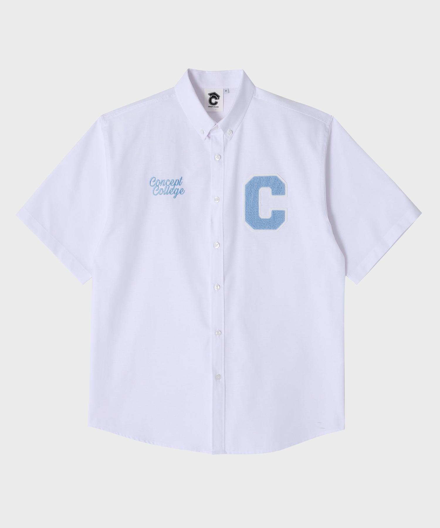 Concept College Sky Blue C Patch White Oxford Short Sleeve Shirt [Unisex] Xl