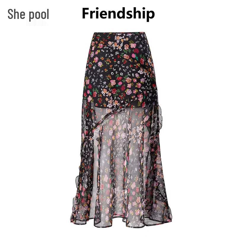 Women s Elegant Ruffled Floral Chiffon High-Waist Slit Long Dress L