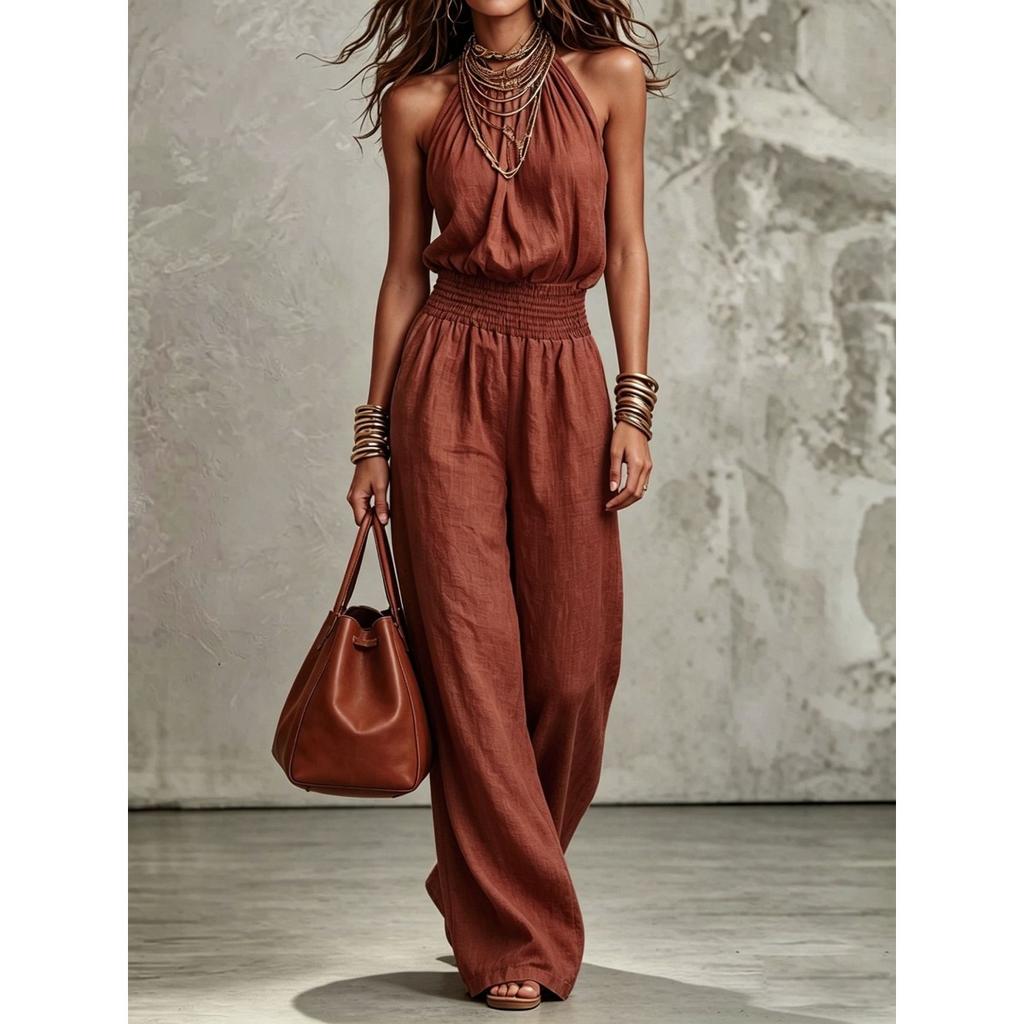 Mono de mujer con cuello halter sin mangas, cintura elástica, pierna ancha, casual de verano, color liso
