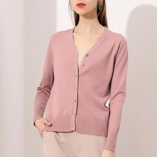 Women Sweater Coat V-neck Long Sleeve Single Breasted Knitting Sweater Solid Color Ribbed Trim