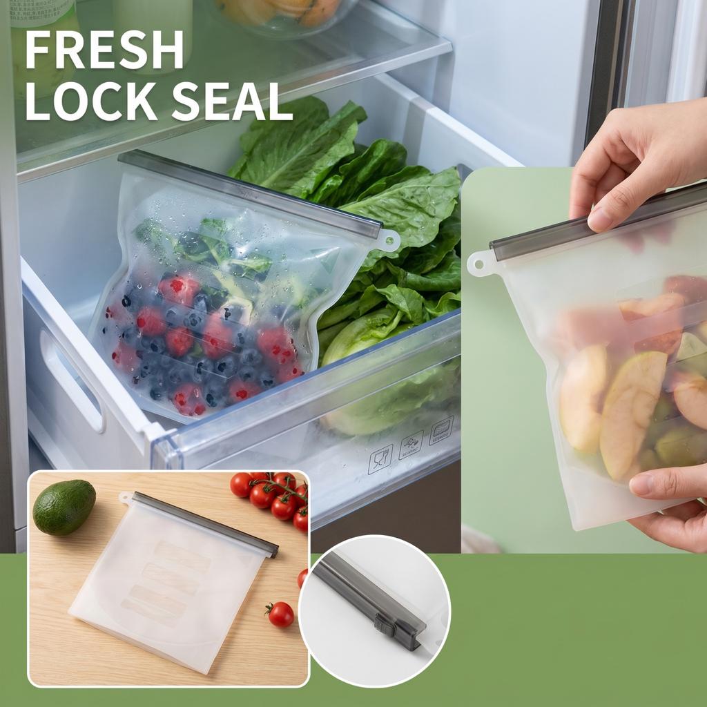 Reusable Silicone Food Storage Bags with Slider for Vegetables And, Medium Size Fridge Bags