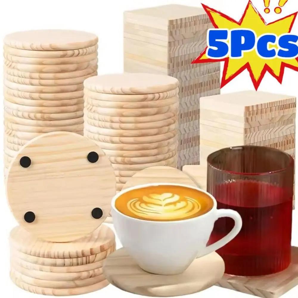 5Pcs Solid Wood Coffee Mug Coaster Heat Resistant Anti-slip Cup Mat Water Cup Base DIY Craft Painting Wood Engraving Decoration