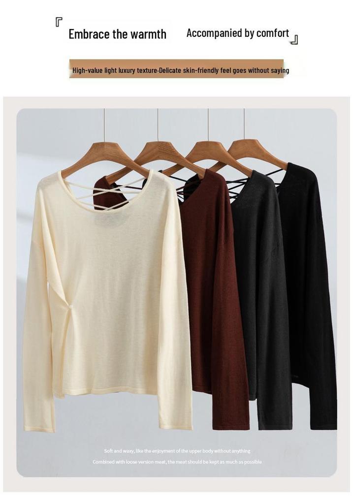 Women's Backless Knitted Pullover: Large, Round Neck, Long Sleeve, Oversized Wool Sweater