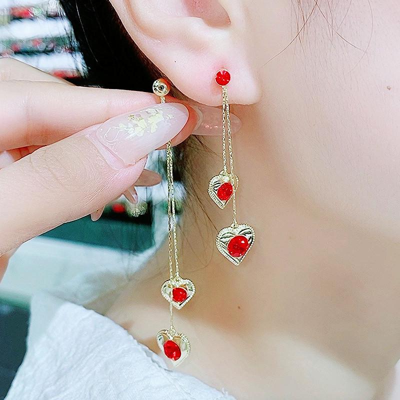 S925 Silver Needle Multi-Wear Red Crystal Heart Tassel Earrings for Women – Celebrity Style Slimming Accessories Electroplated