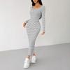 2026 Spring Fashion White Stripe Long Sleeve Sexy Square Colla Maxi Dress for Women Casual Skinny Straight Elastic Knit Dresses