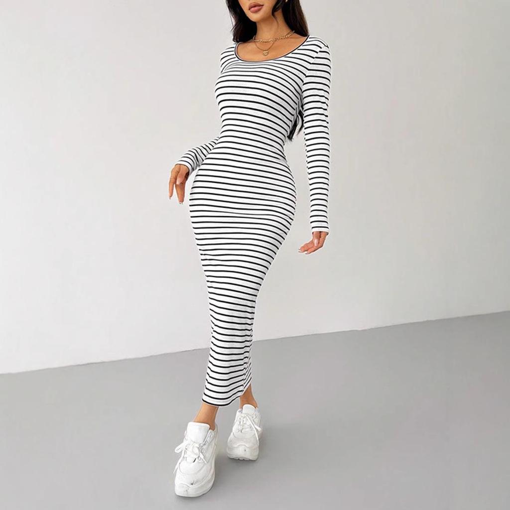 2026 Spring Fashion White Stripe Long Sleeve Sexy Square Colla Maxi Dress for Women Casual Skinny Straight Elastic Knit Dresses