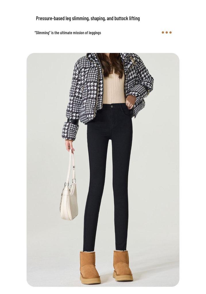 Women's Black Fleece-Lined Thermal Leggings: Warm, High-Waisted, Slim-Fit, Versatile, Thick, Trendy for Autumn/Winter