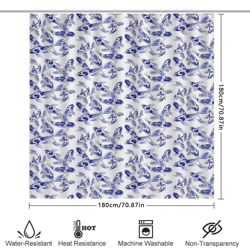 Watercolor Blue Fish Print Shower Curtain For Bathroom Decoration Floral Pattern Waterproof Fabric With Hooks.