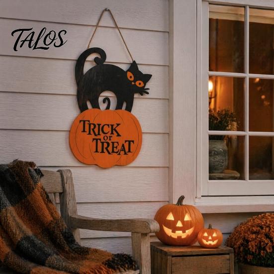 Festive Gift for Friends Halloween Wooden Door Sign, Black Cat And Pumpkin Plaque, Rustic Farmhouse Wall Art Hanging Decor Holiday Party Indoor