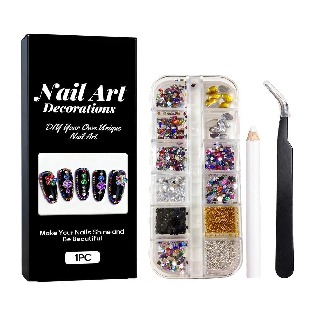Färgglatt 3D-nageltillbehörsset, Glittrande Diamantpärlklistermärken, Flerformade Nageldekorations-DIY-verktyg.