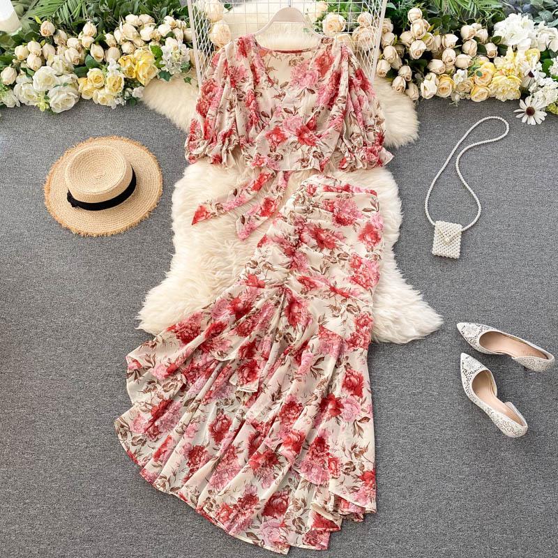 Vacation Two-Piece Set: Women's Tie-Up Chiffon Blouse & Mermaid Skirt