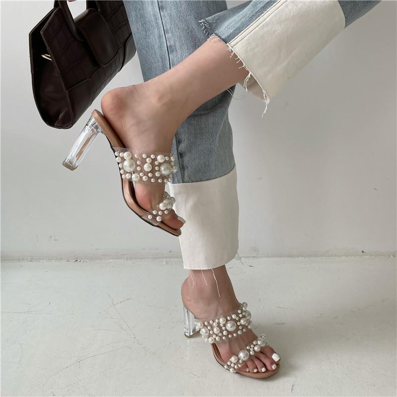 Fashion Eilyken New Transparent PVC String Bead Shoes Woman Fashion Open Toe Slippers Crystal Perspex Heels Slides Beach Femme Sandale