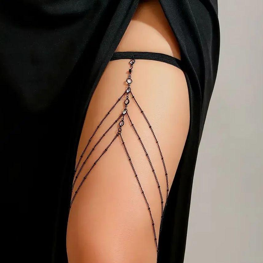 Ingemark Goth Multilayer Tassel Leg Thigh Chain for Women Trendy Elastic Band Crystal Link Summer Body Jewelry Dress Accessories
