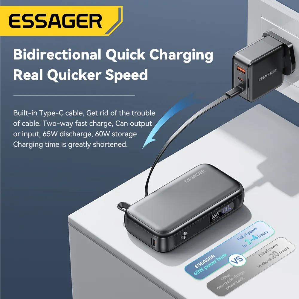 Essager 15000mAh Portable Power Bank In With USB C Cable External Spare Battery Pack for iPhone iPad Macbook 65W Fast Charger