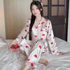 Ice Silk Thin Style Women'S Long-Sleeved Pajamas Spring And Autumn Cartoon Brown Puppy Polka Dot Print Loungewear