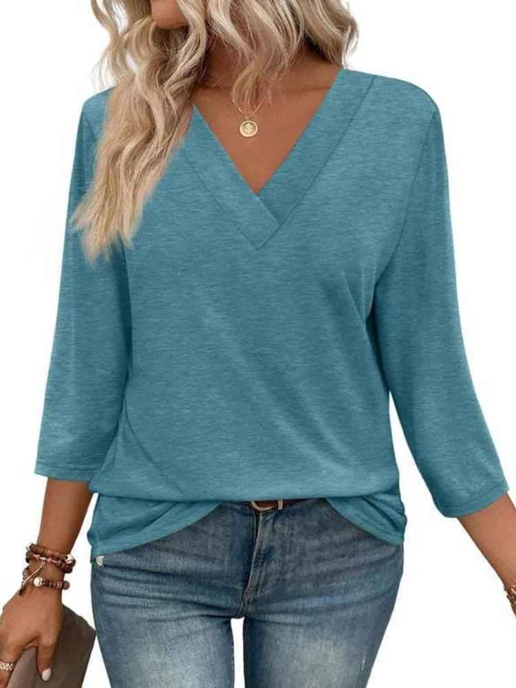 Dámský top s V-výstřihem a 7/8 rukávem, ležérní dámské pletené tričko se zavazováním v pase